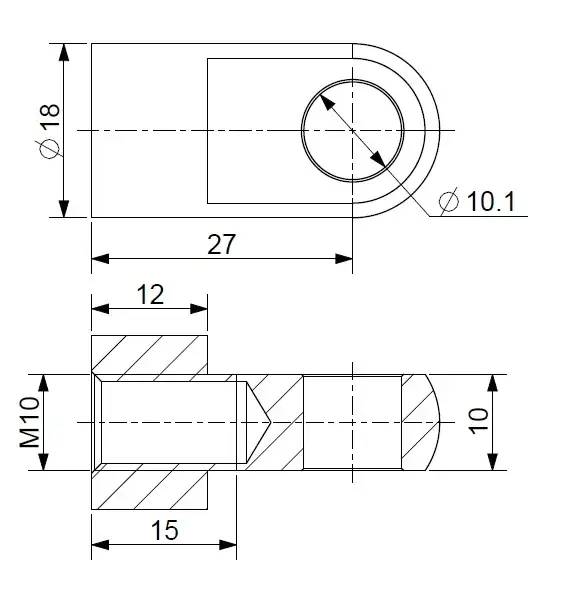 Oko k plynové vzpěře BM, pr. 10,1mm, c=27mm, pro závit M10, ocel Omezená Nabídka